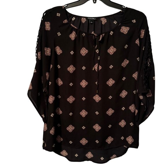 Roz & Ali Black Patterned Blouse Sz L 3/4 Sleeve Tie Neck women top - Picture 8 of 11